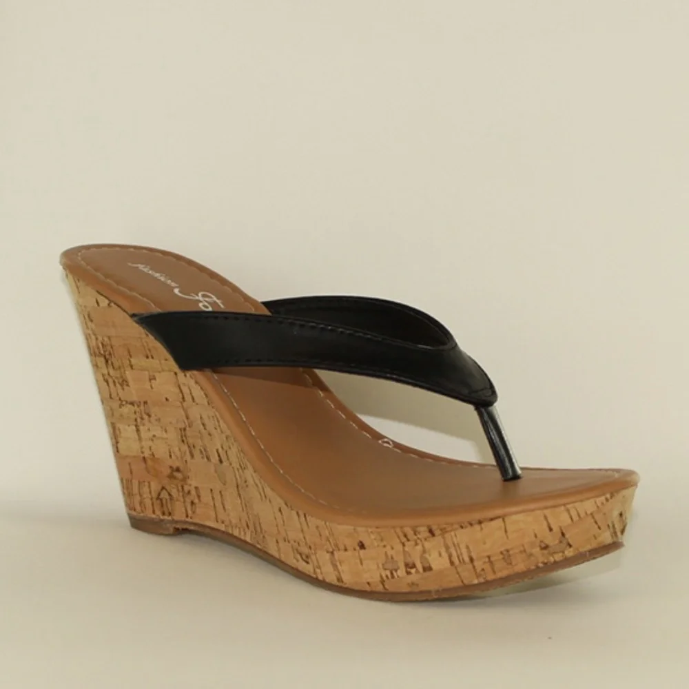 Black Cork Wedge Thong Sandals - Women